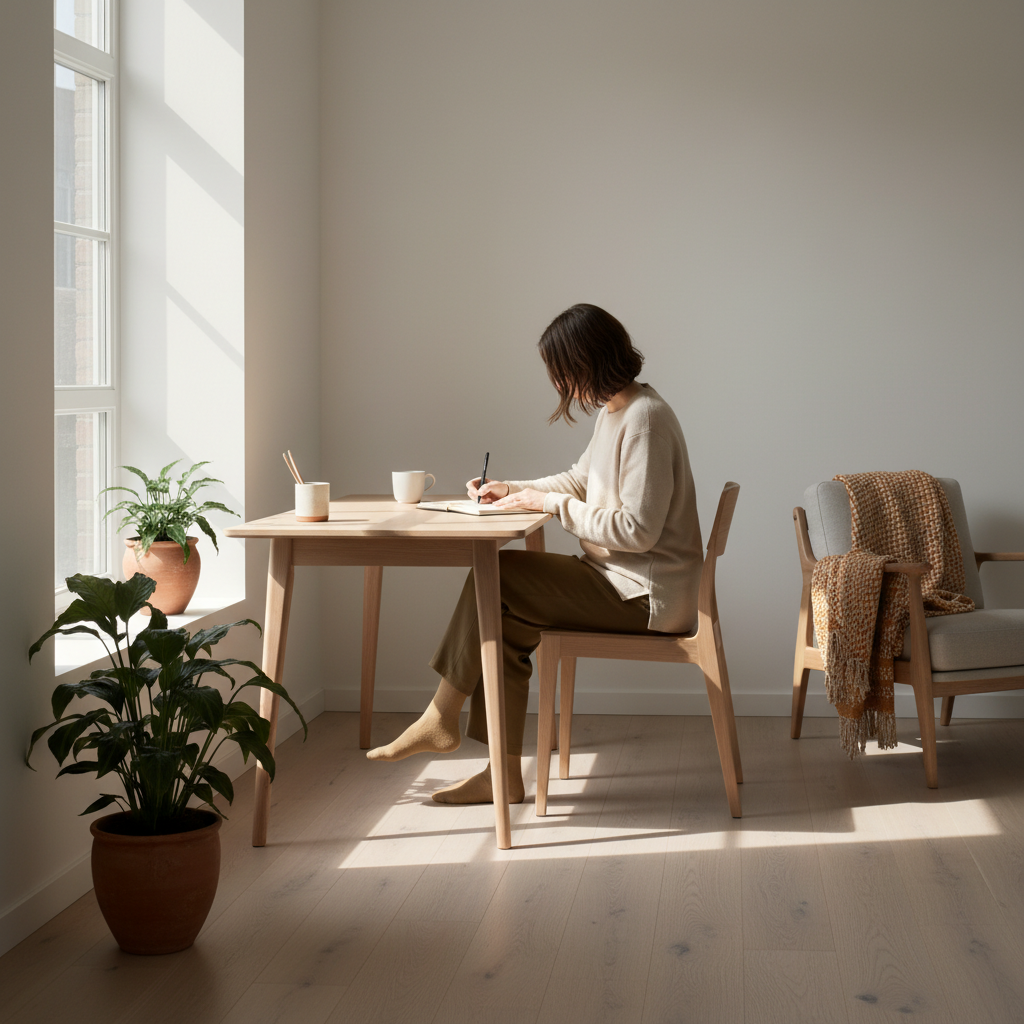 Person som skriver i en KBT-dagbok vid ett skrivbord med naturligt ljus