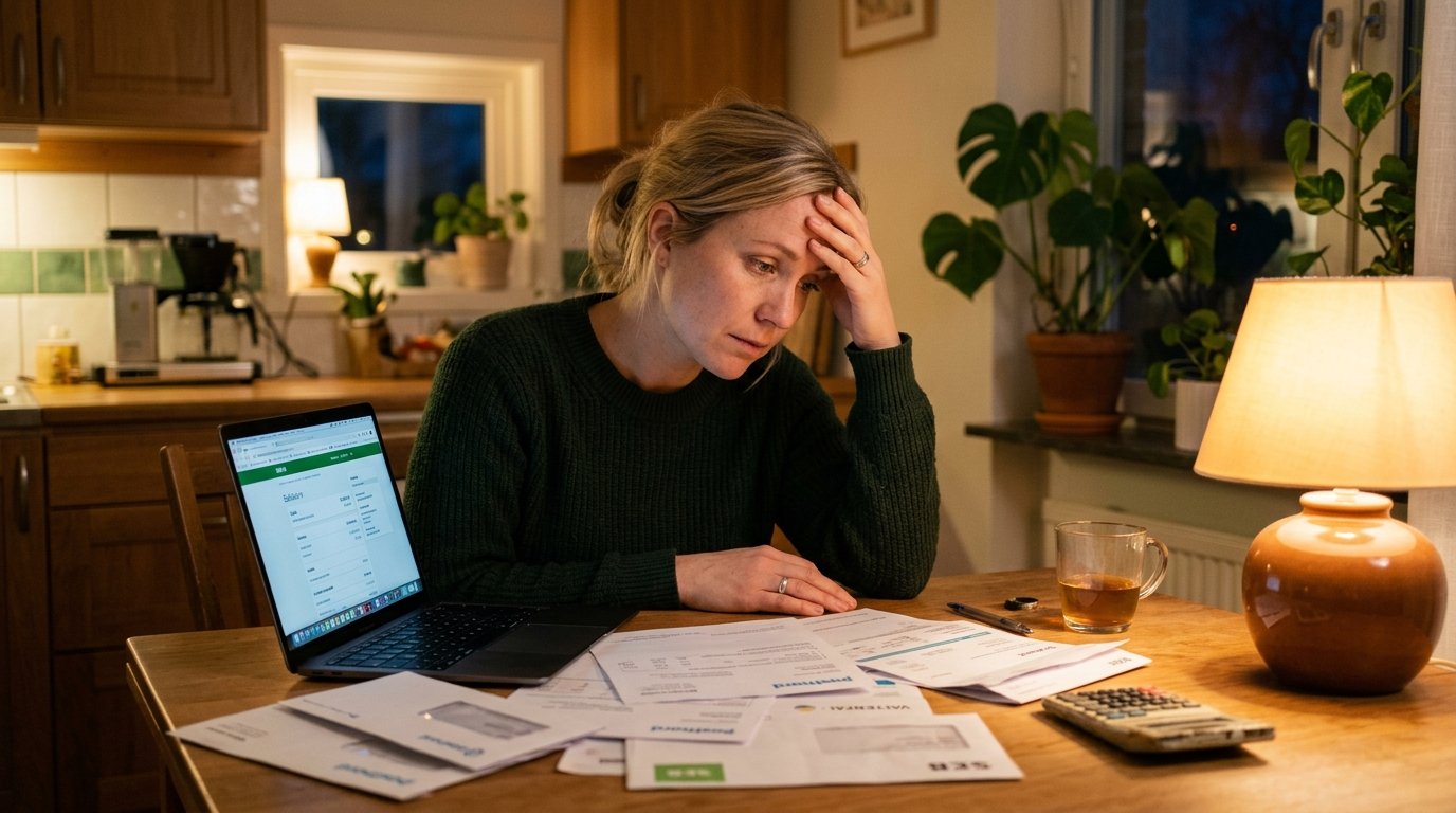 Person som sitter vid k&ouml;ksbordet p&aring; kvällen med r&auml;kningar och laptop, uttrycker ekonomisk stress