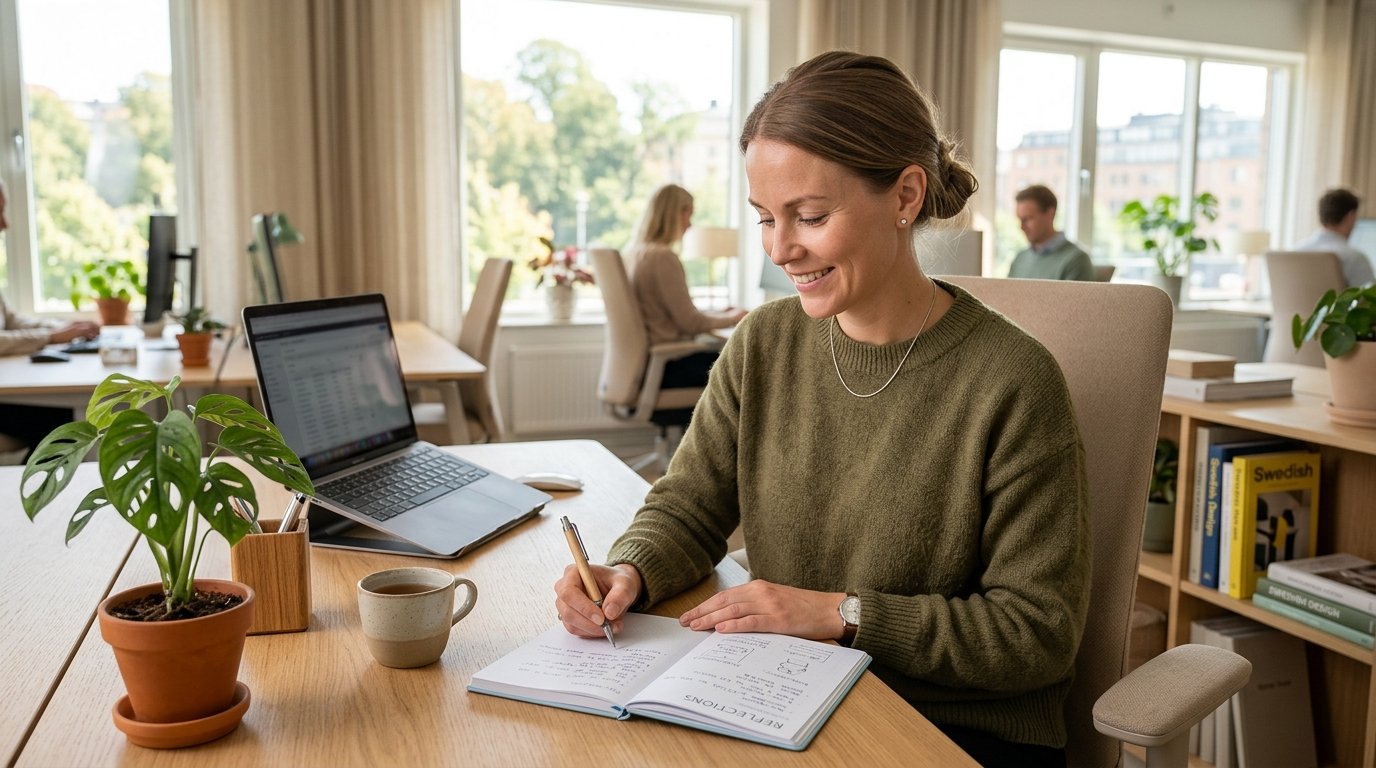 Professionell kvinna vid skrivbord som hanterar jobbstress med lugn och fokus