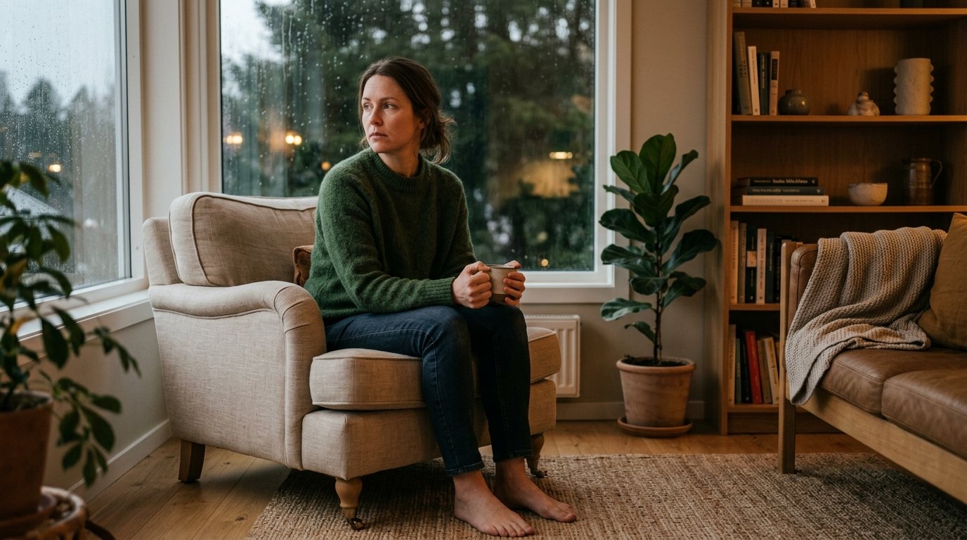 Person som sitter stilla i ett rum med dolt spänning synlig i kroppsspråket — symbol för inre stress och dolda stressymtom