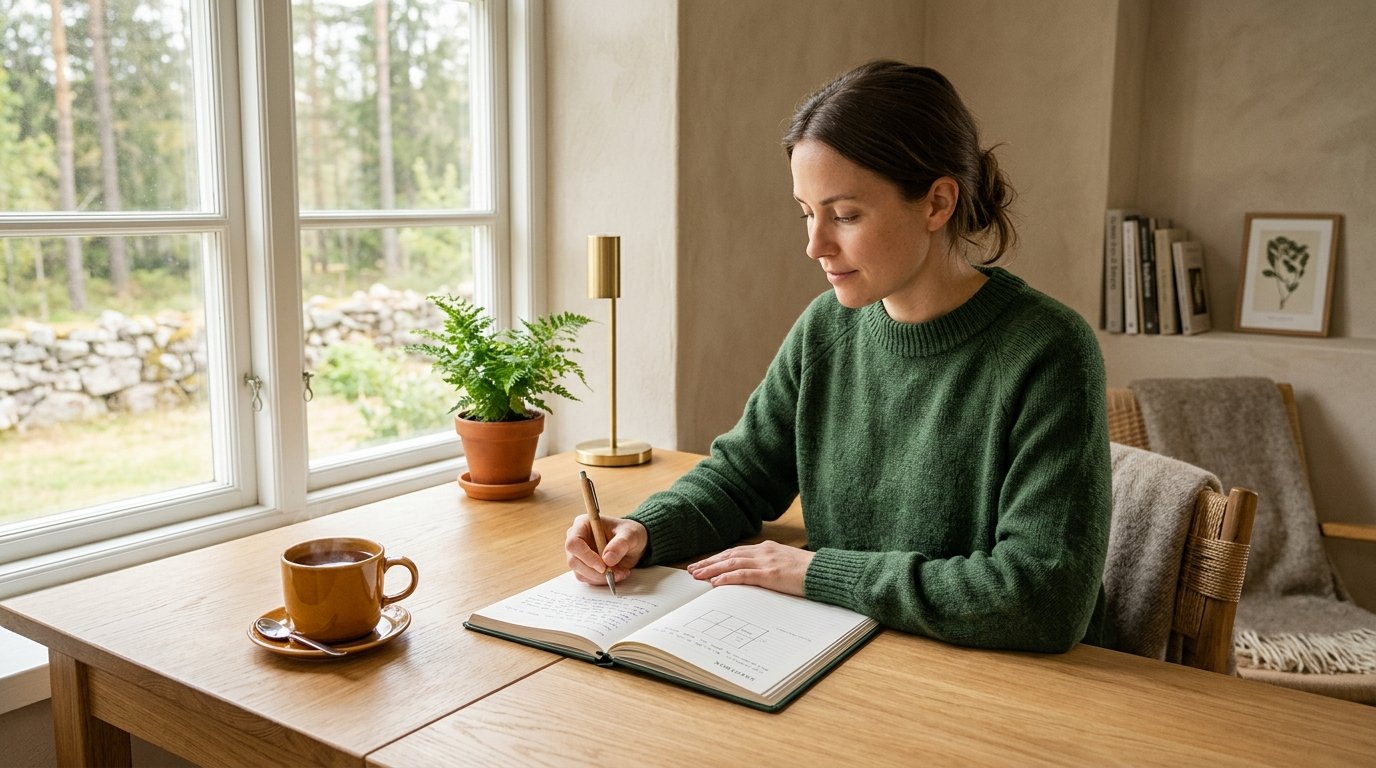 Person som skriver i en KBT-dagbok vid ett lugnt skrivbord med naturligt ljus