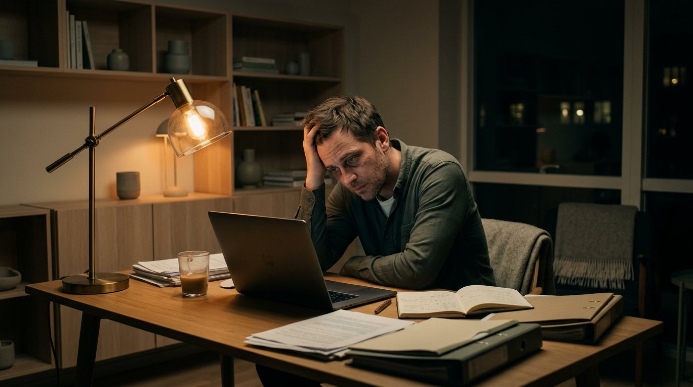 Person vid skrivbord sent på kvällen med tecken på kronisk trötthet — symbol för långvarig stress och dess effekter på kropp och sinne