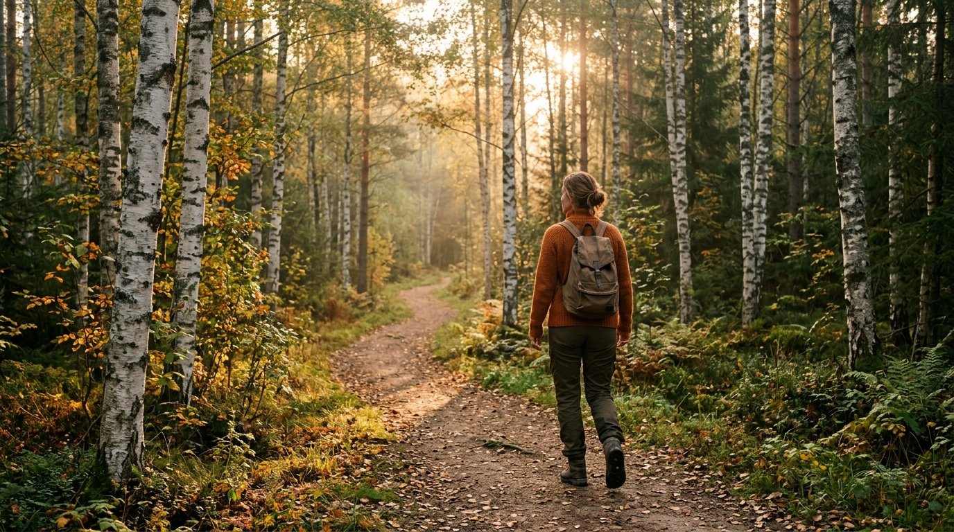 Person som går längs en lugn stig i nordisk natur — symbol för resan efter utmattningssyndrom mot ett hållbart liv