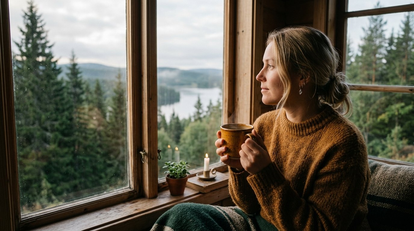 Person håller en kaffekopp med båda händer och tittar ut genom fönstret, fullt närvarande i stunden