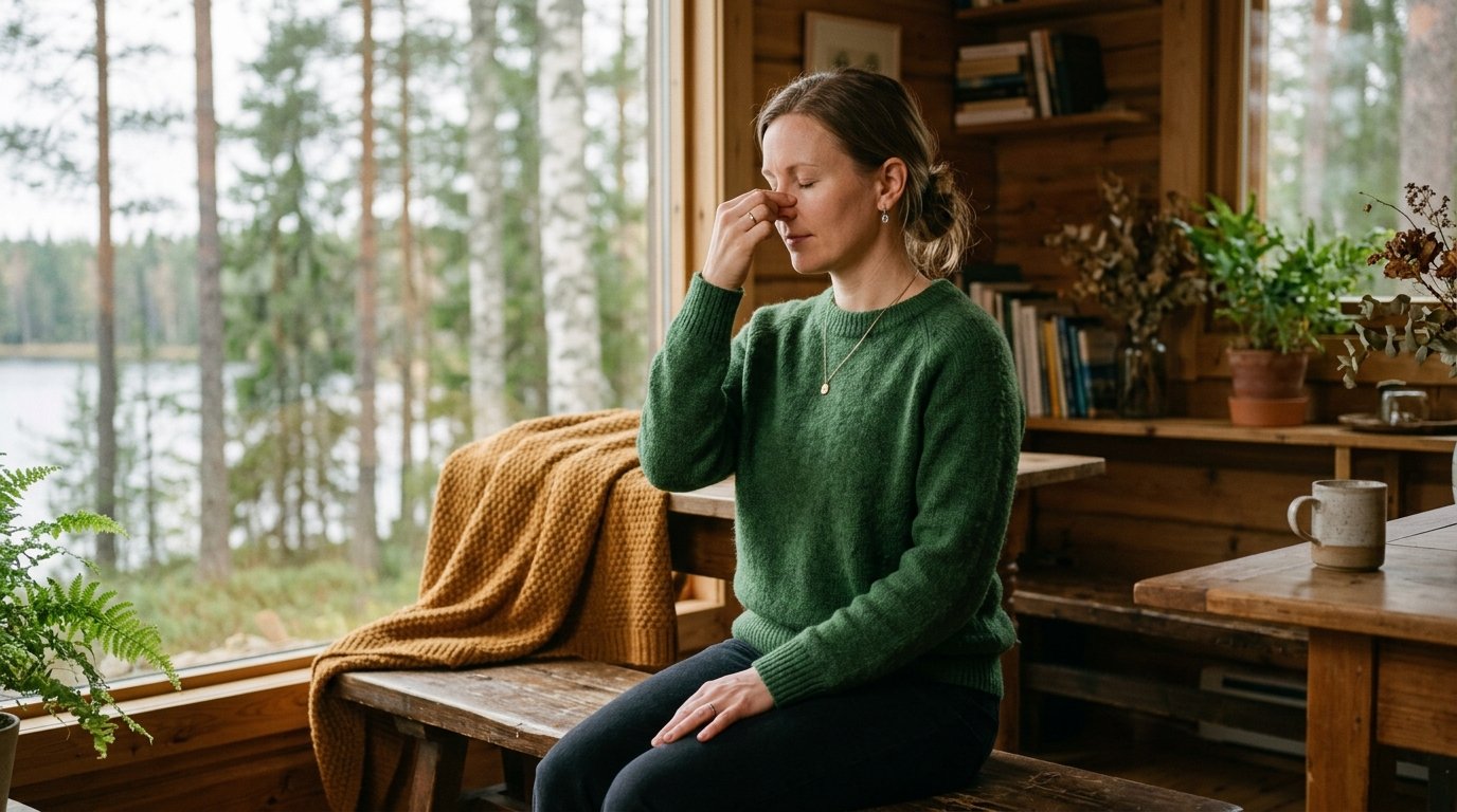 Person lutar sig framåt och håller om näsan för att stoppa näsblod, lugn och kontrollerad
