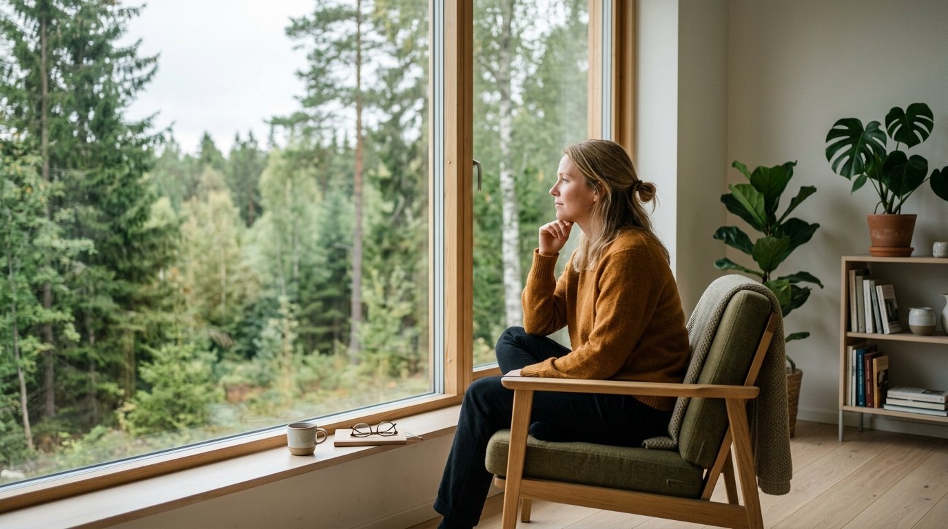 Person som sitter ensam vid ett f&ouml;nster och ser ut, reflektion och eftertanke kring trauma och &aring;teh&auml;mtning