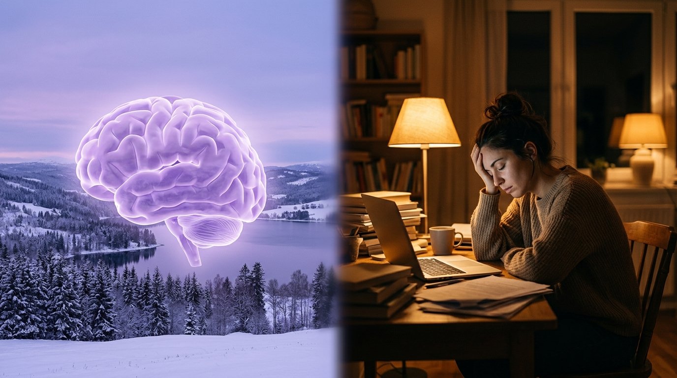 Delad bild som symboliserar hjärntrötthet och utmattningssyndrom — två tillstånd med liknande yttre men olika ursprung