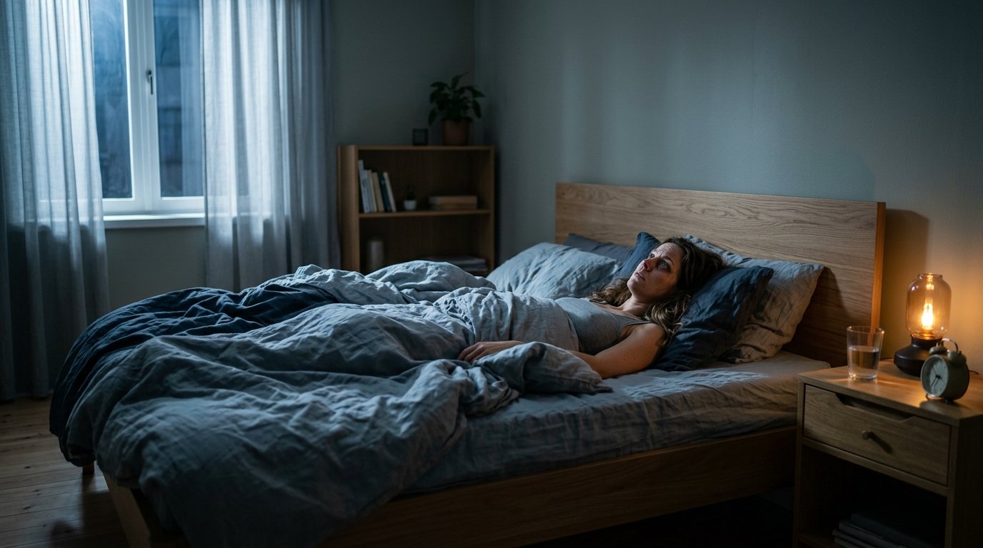 Person som ligger vaken i s&auml;ngen p&aring; natten och tittar i taket, mjukt m&ouml;rker och s&ouml;mnproblem