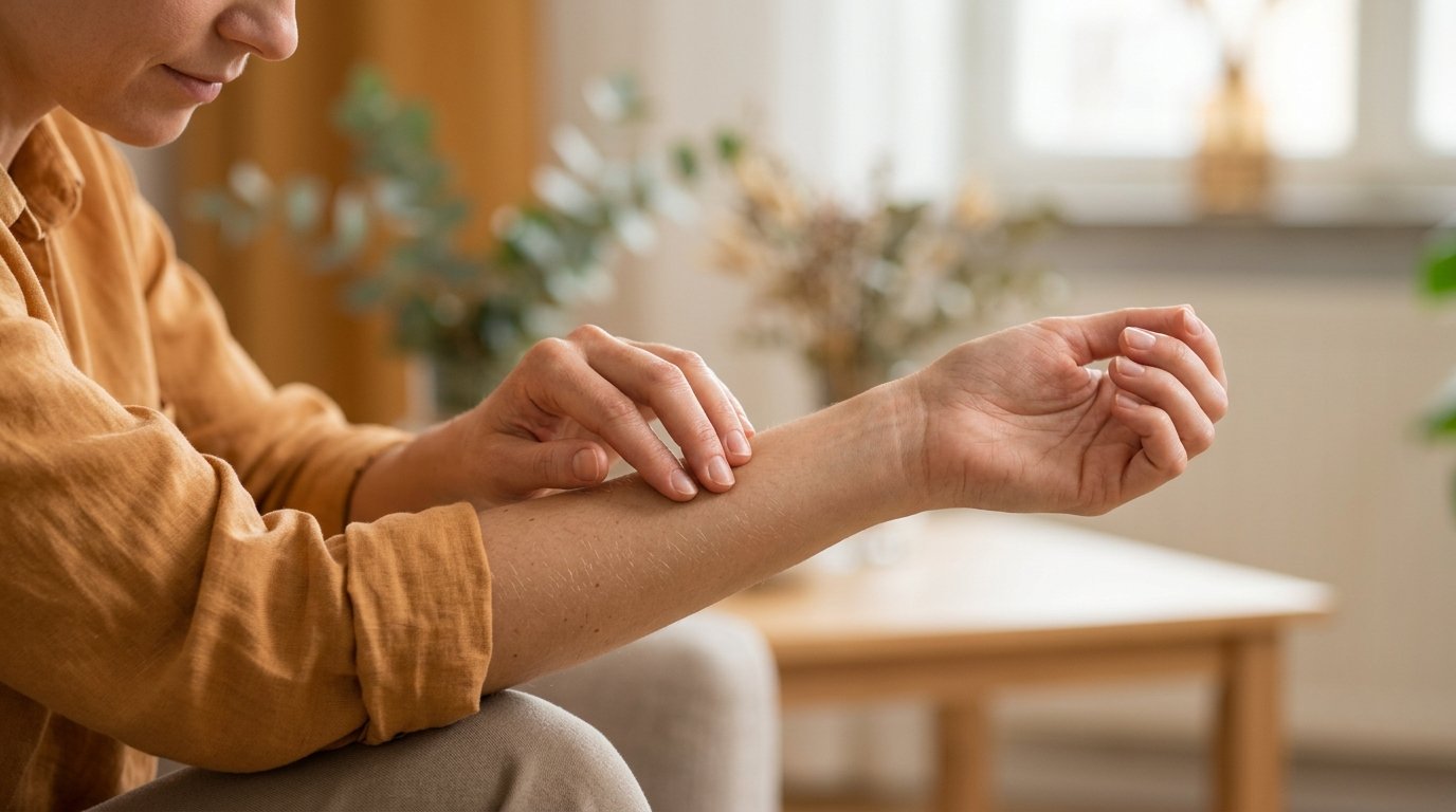 N&auml;rbild av hand som varsamt ber&ouml;r underarmen, symboliserar hudproblem orsakade av stress
