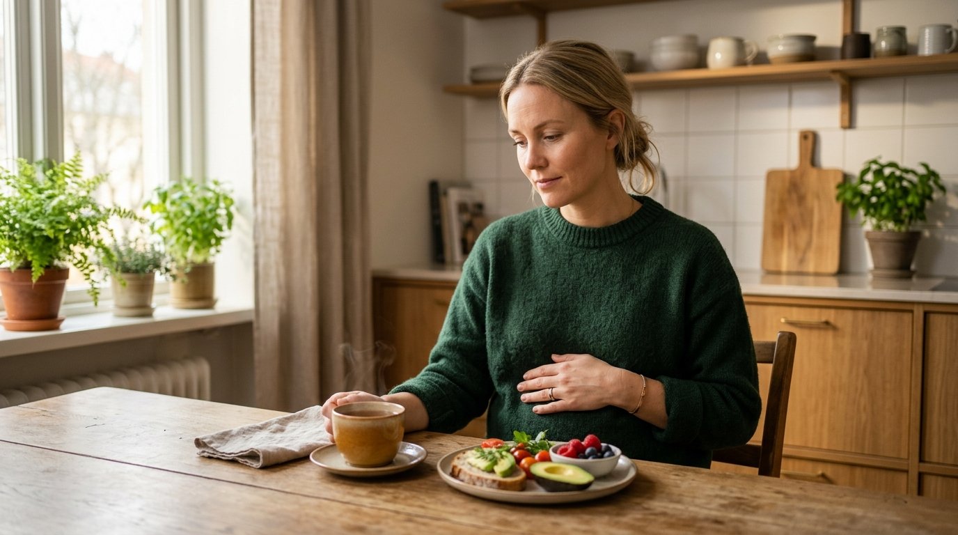Person som h&aring;ller sig om magen och ser bekymrad ut, mjukt ljus i hemmet