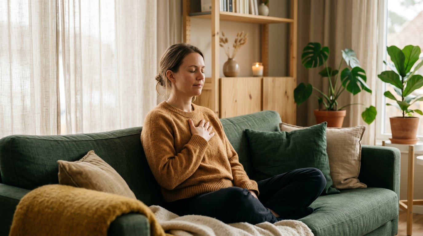 Person sitter lugnt med handen på bröstet och andas djupt, kontrollerar sin andning