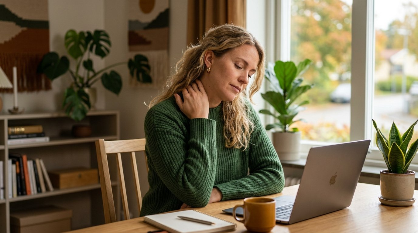 Kvinna vid skrivbord som h&aring;ller om nacken och upplever fysiska stressymtom