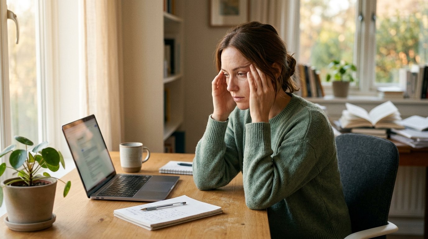 Person som håller händerna mot tinningarna med ett uttryck av mental dimma och kognitiv trötthet — symbol för stressad hjärna och brain fog