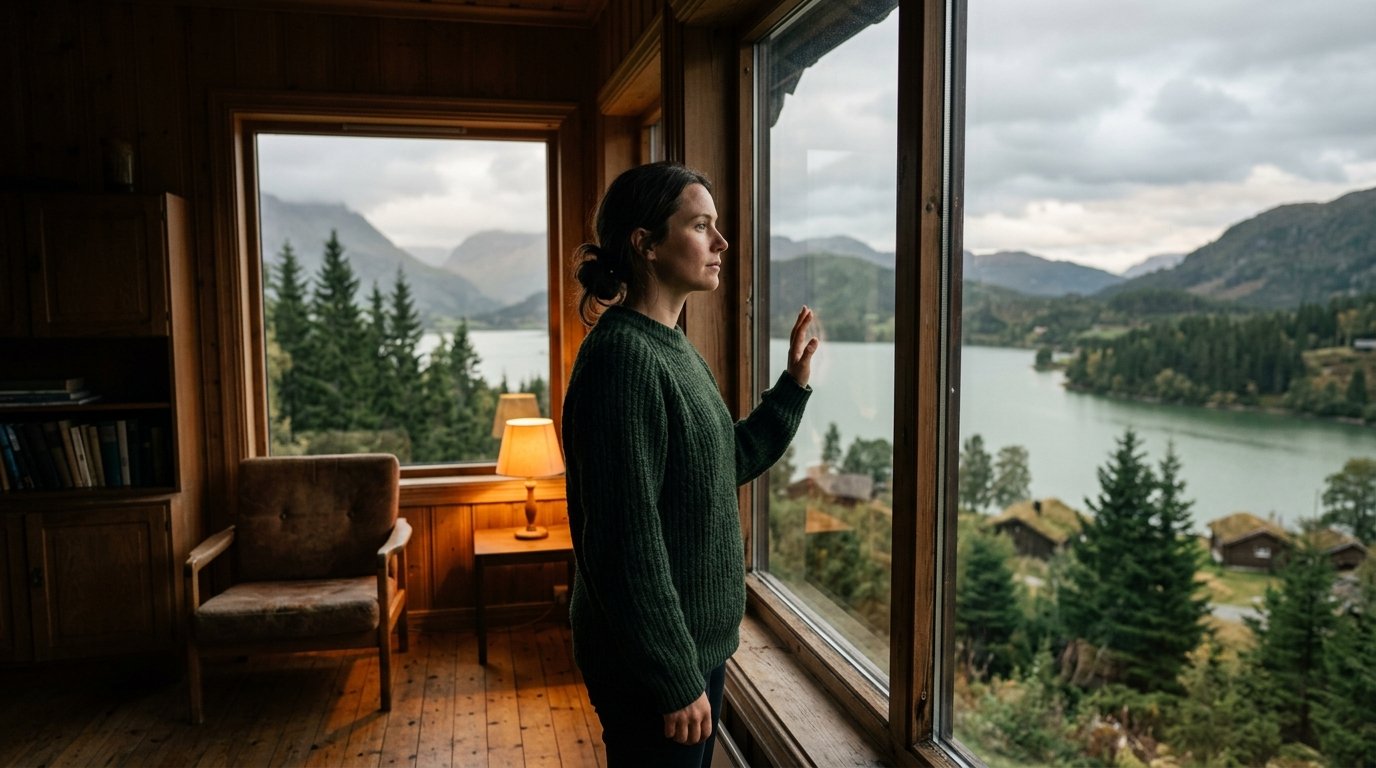 Person som ser ut genom ett fönster med eftertänksam blick — symbol för medveten återhämtning och att förebygga återfall vid utmattningssyndrom