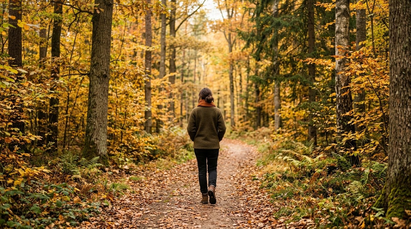 Person som promenerar sakta i en skogsstig under höst, omgiven av lugn natur, i aktiv återhämtning