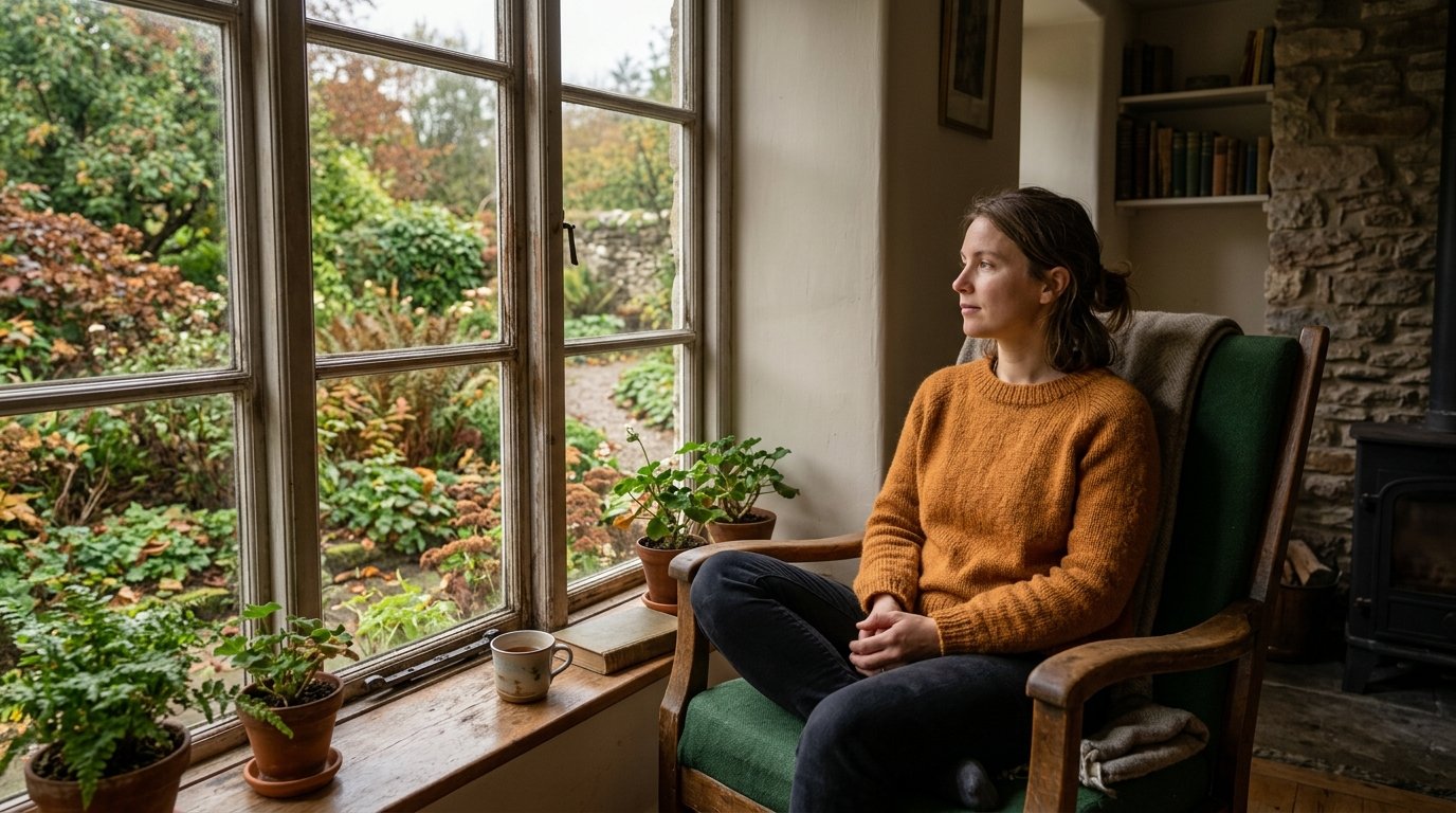 Person sitter stilla vid ett fönster med händerna i knät, blickar ut mot naturen i lugn eftertanke