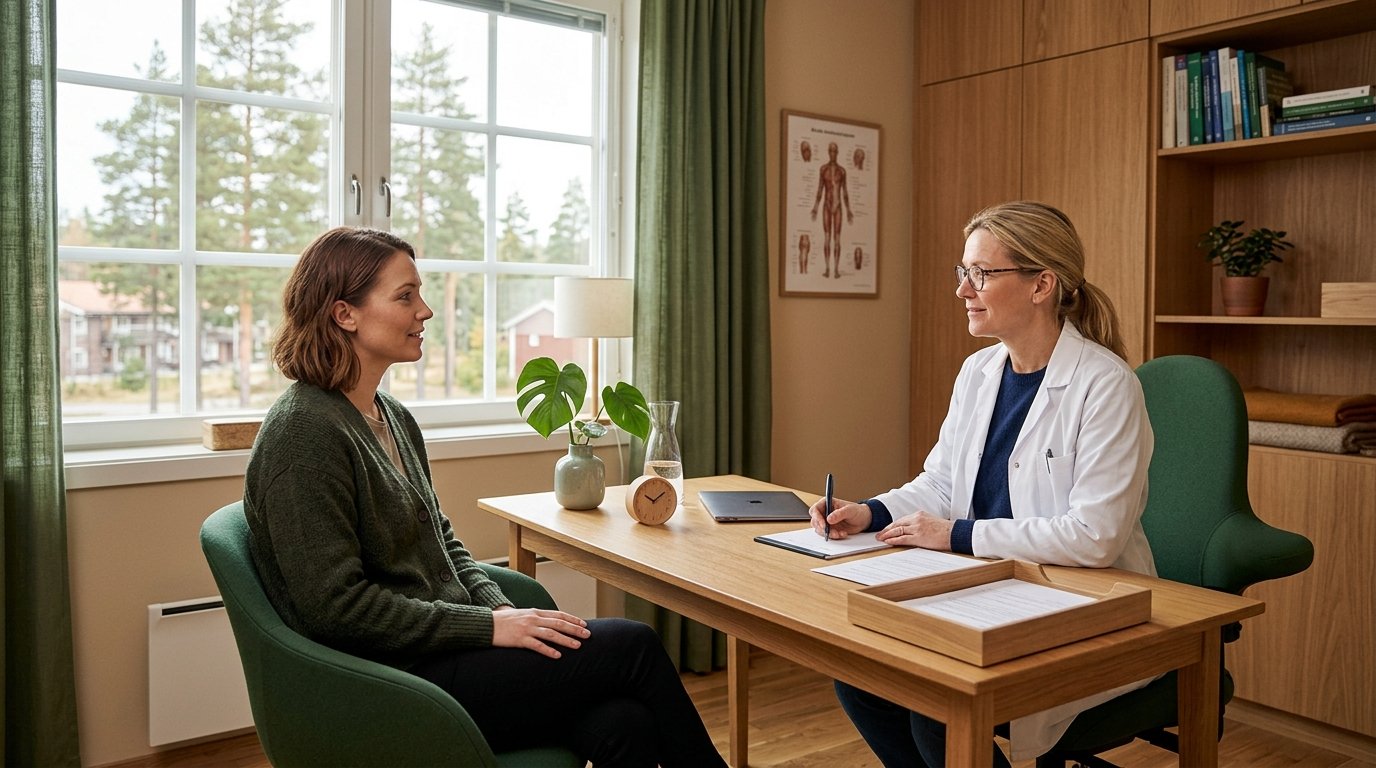 Läkare och patient i ett lugnt konsultationsrum — symbol för diagnostik och utredning av utmattningssyndrom