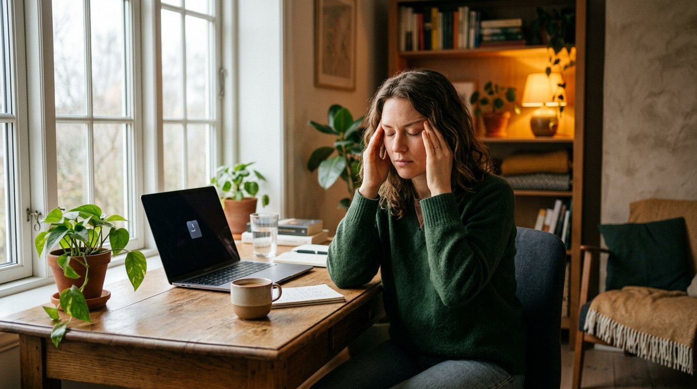 Person sitter stilla vid ett skrivbord med slutna ögon och händerna mot tinningarna, uttryckt av djup mental trötthet