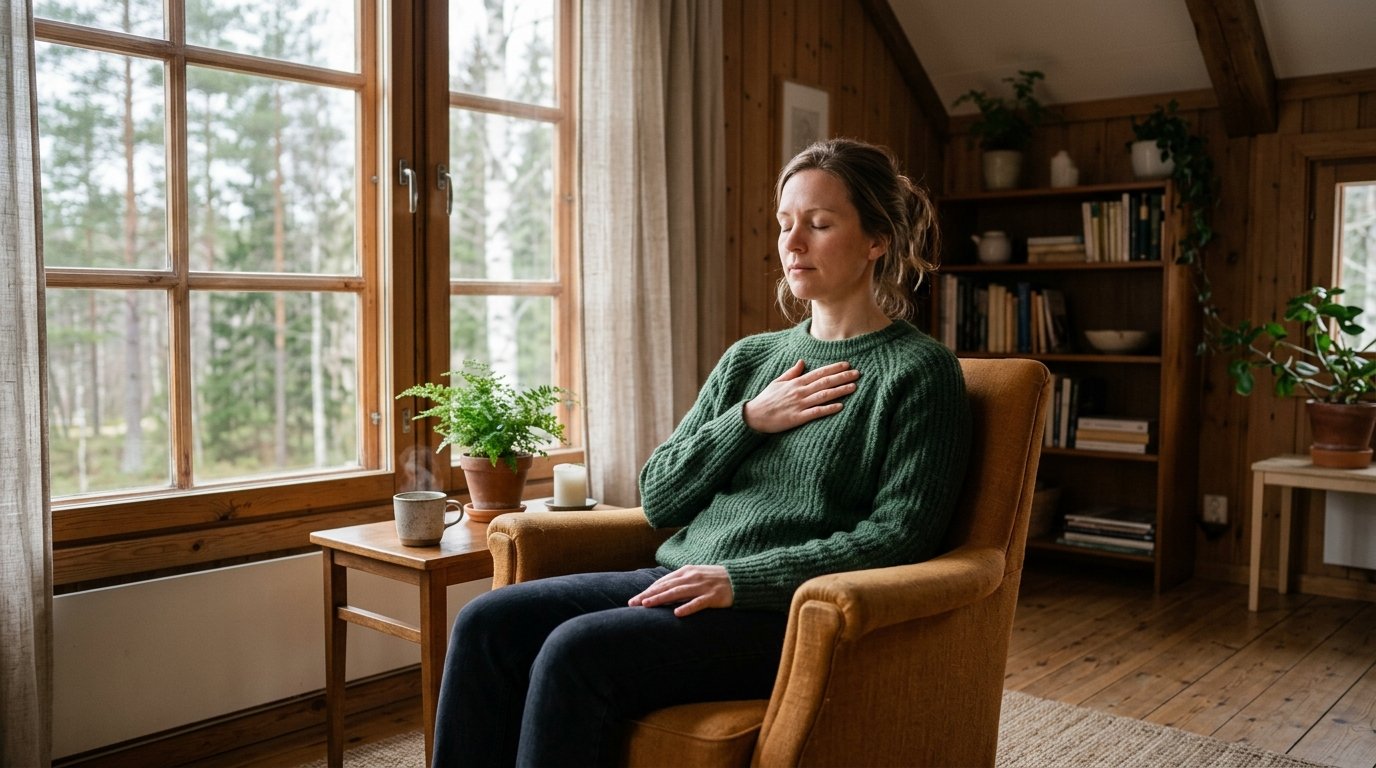 Person som sitter stilla med slutna ögon och andas lugnt — symbol för att hantera yrsel vid utmattningssyndrom