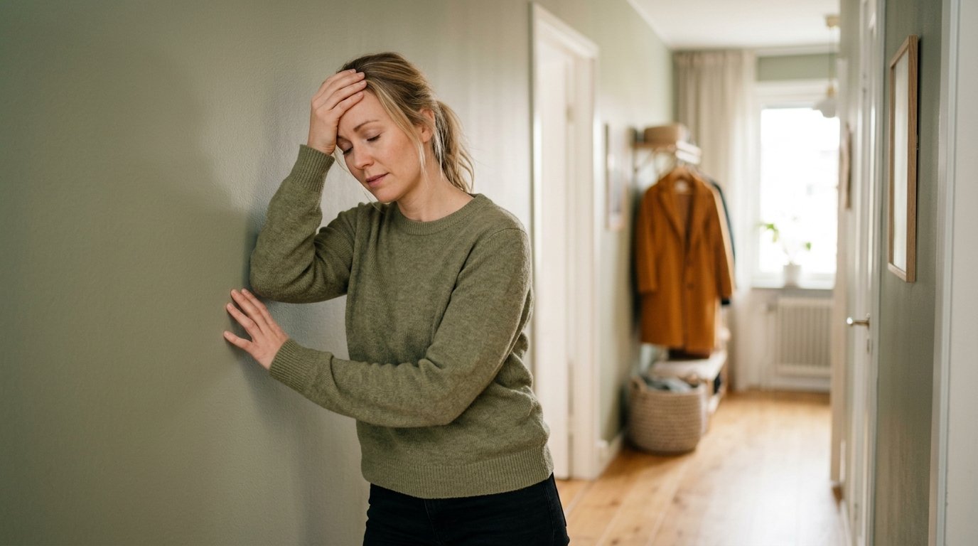 Person som h&aring;ller sig mot en v&auml;gg och upplever yrsel, mjukt ljus i skandinavisk milj&ouml;