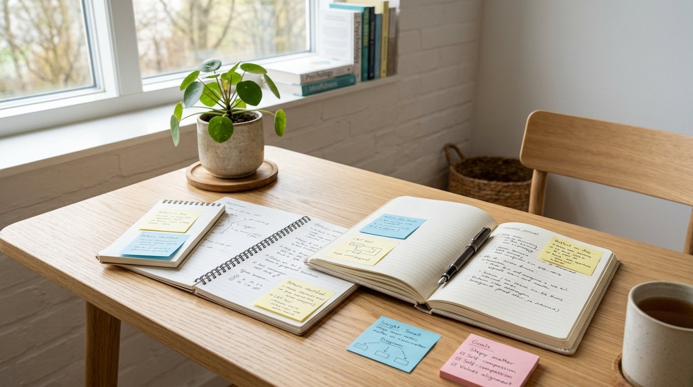 Öppen anteckningsbok med KBT-verktyg och övningar på ett minimalistiskt nordiskt skrivbord