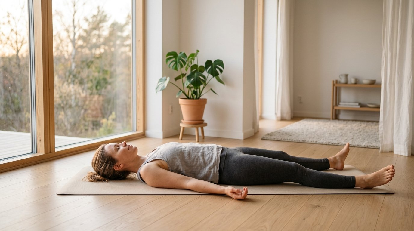 Person som vilar avslappnat på en yogamatta i ett ljust nordiskt rum och praktiserar mindfulness-avslappning