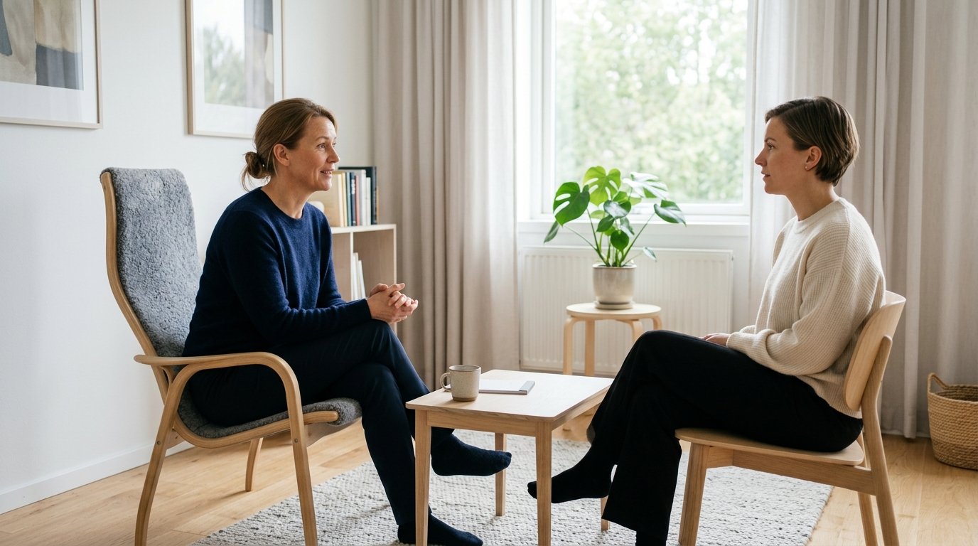 KBT terapi – samtal med terapeut i ljus nordisk miljö