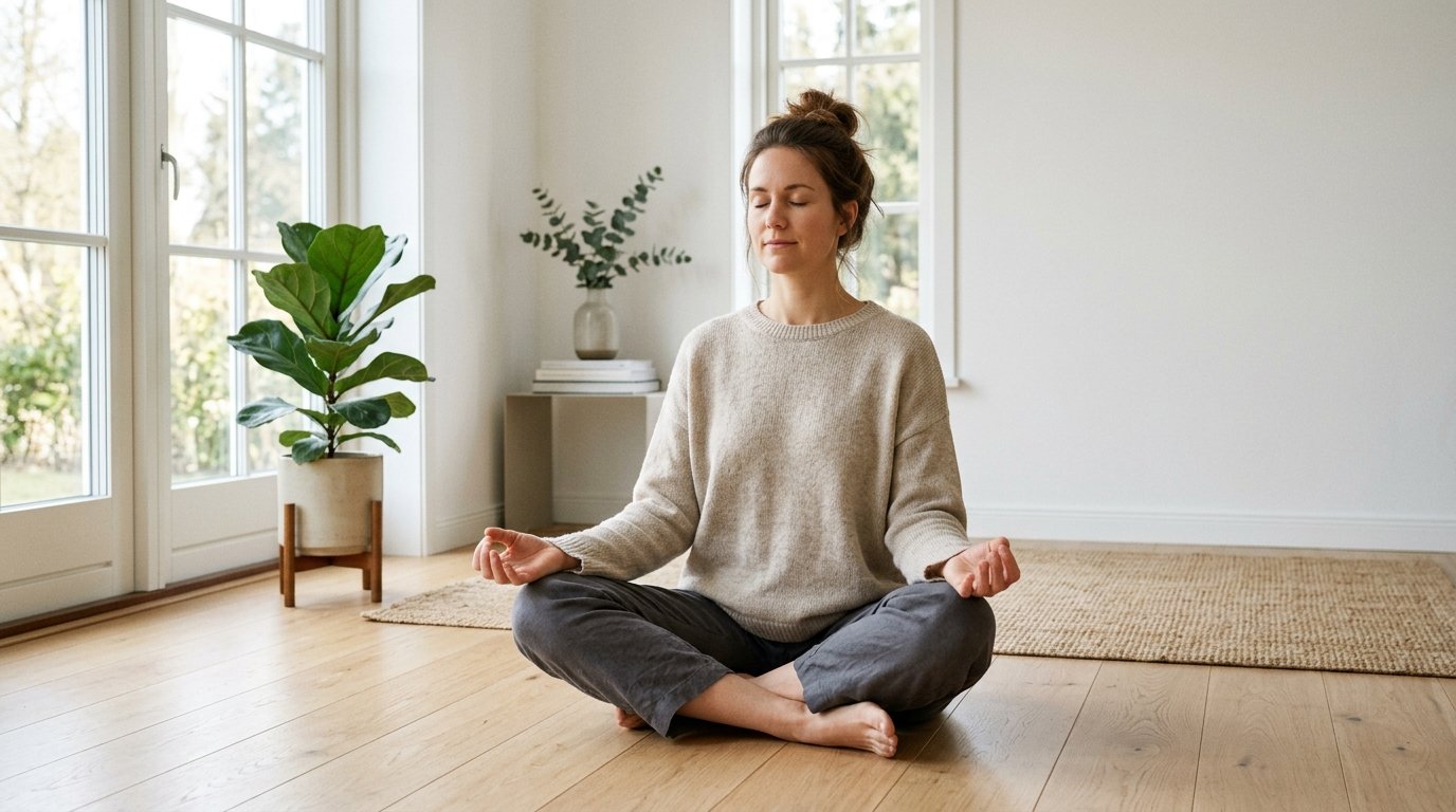 Person som sitter i ett lugnt nordiskt hem med slutna ögon och praktiserar mindfulness andning