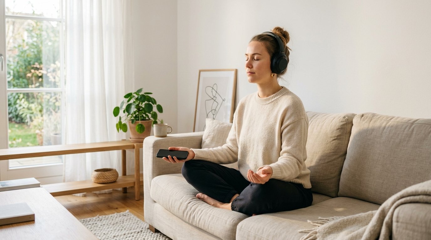 Person som mediterar hemma med telefon och hörlurar, lyssnar på gratis mindfulness-guider i ett nordiskt rum