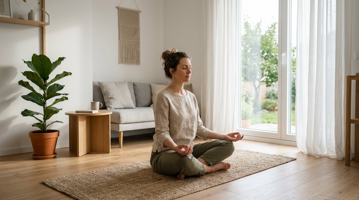 Person i meditationsposition i ett ljust nordiskt rum, praktiserar MBSR mindfulness mot stress