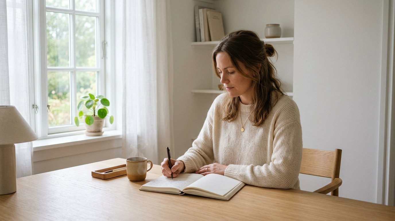 Person som reflekterar och skriver i en dagbok vid ett fönster – identifierar sina tankemönster med KBT