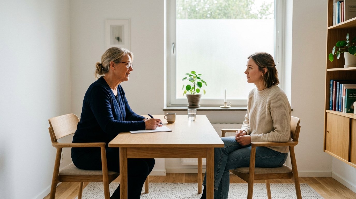 Person i ett lugnt, professionellt samtalrum med terapeut – KBT-behandling i Sverige